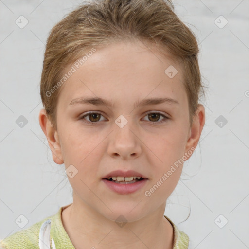 Joyful white child female with short  brown hair and brown eyes