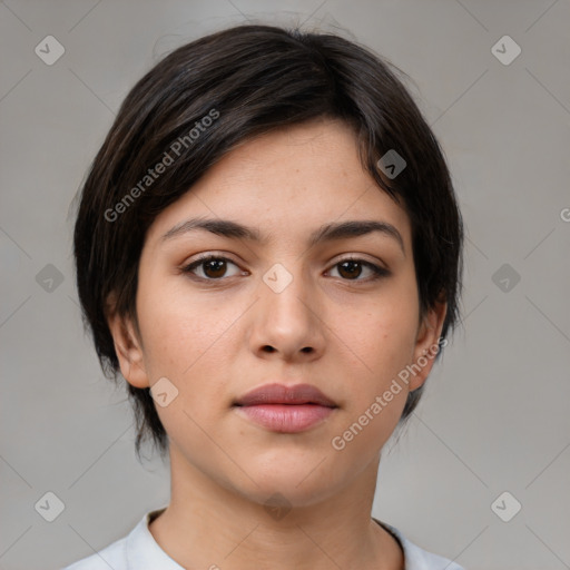 Neutral white young-adult female with medium  brown hair and brown eyes