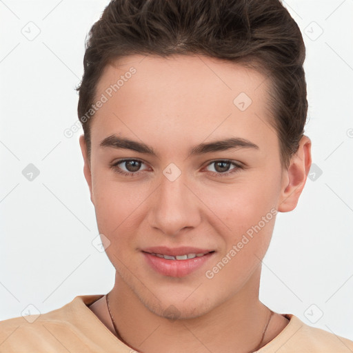 Joyful white young-adult female with short  brown hair and brown eyes