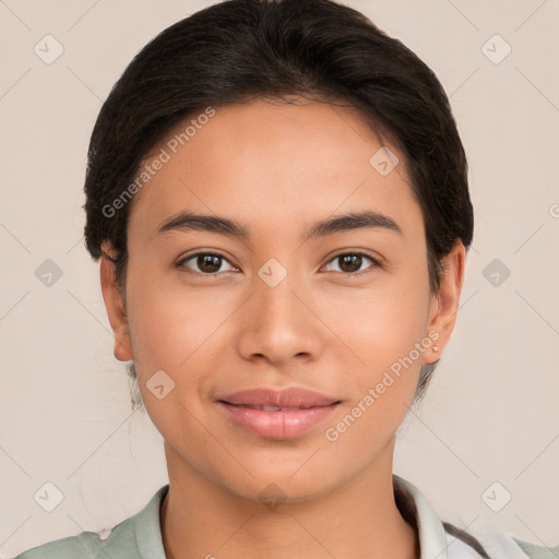 Joyful white young-adult female with short  brown hair and brown eyes