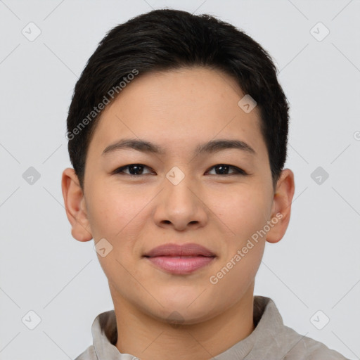 Joyful asian young-adult female with short  brown hair and brown eyes