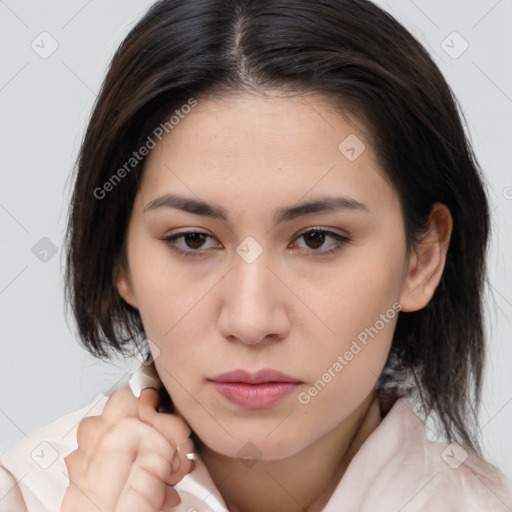 Neutral white young-adult female with medium  brown hair and brown eyes