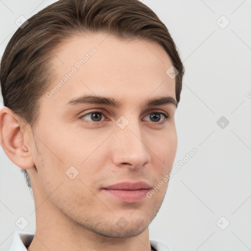 Neutral white young-adult male with short  brown hair and brown eyes