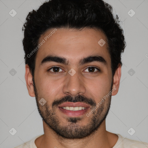 Joyful white young-adult male with short  black hair and brown eyes