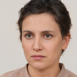 Neutral white young-adult female with short  brown hair and brown eyes