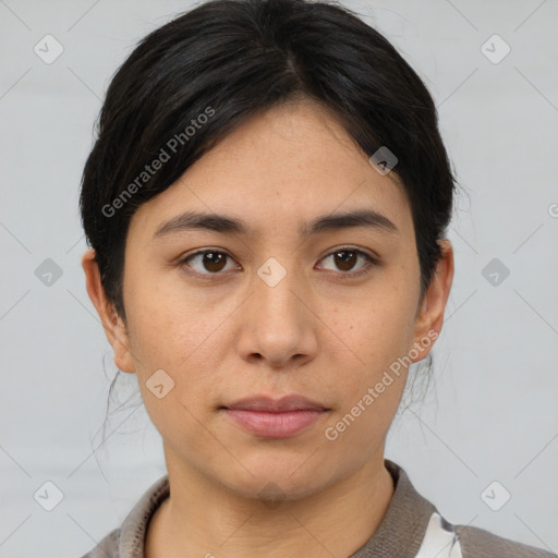 Neutral asian young-adult female with short  brown hair and brown eyes