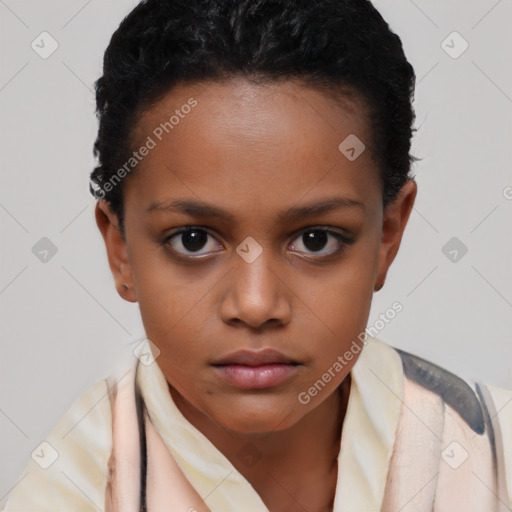 Neutral black young-adult female with short  brown hair and brown eyes