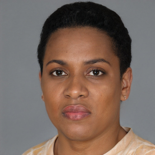 Neutral black young-adult female with short  black hair and brown eyes
