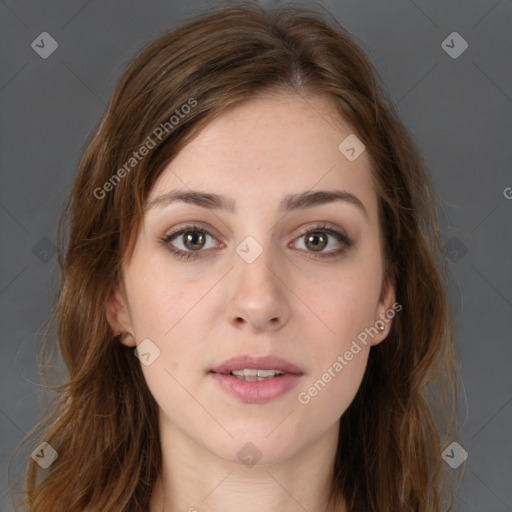 Neutral white young-adult female with long  brown hair and brown eyes