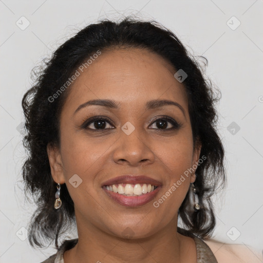 Joyful black young-adult female with medium  brown hair and brown eyes