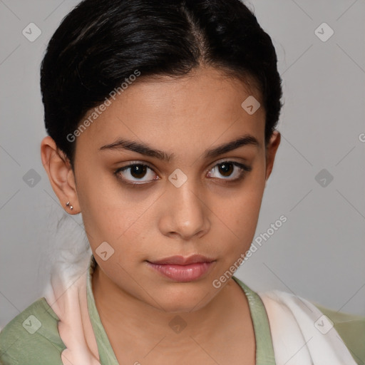 Neutral white young-adult female with short  brown hair and brown eyes