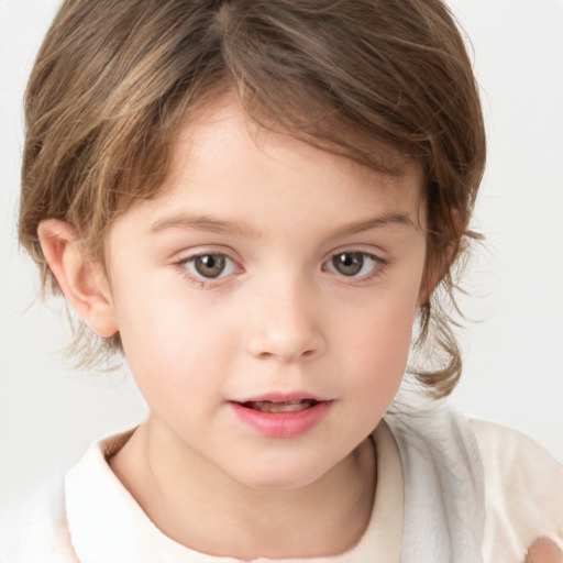 Neutral white child female with medium  brown hair and grey eyes