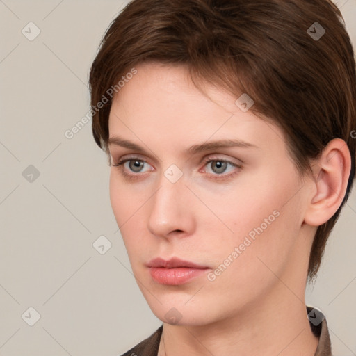 Neutral white young-adult female with short  brown hair and brown eyes