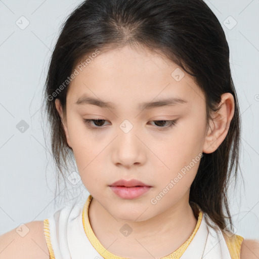 Neutral asian young-adult female with long  brown hair and brown eyes