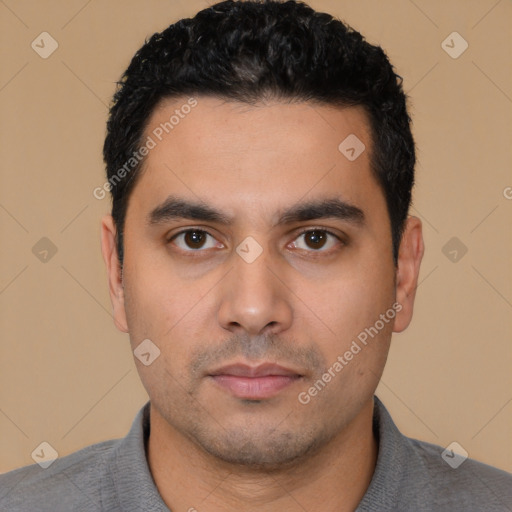 Neutral latino young-adult male with short  black hair and brown eyes