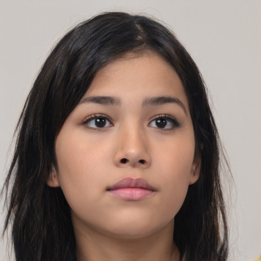 Neutral asian young-adult female with long  brown hair and brown eyes