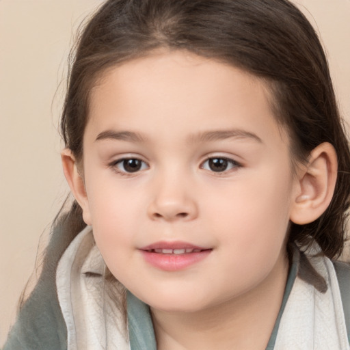 Joyful white child female with medium  brown hair and brown eyes