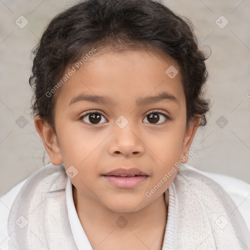 Joyful white child female with medium  brown hair and brown eyes