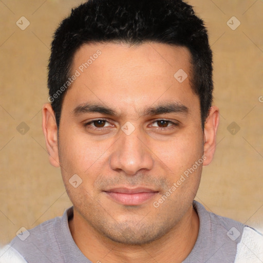 Joyful white young-adult male with short  black hair and brown eyes