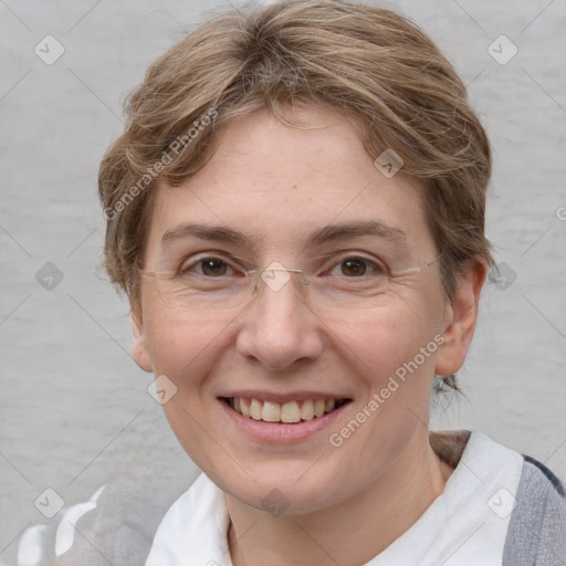 Joyful white adult female with short  brown hair and brown eyes