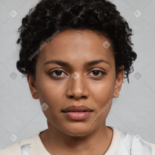 Neutral black young-adult female with short  black hair and brown eyes