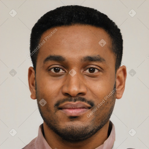 Neutral latino young-adult male with short  black hair and brown eyes