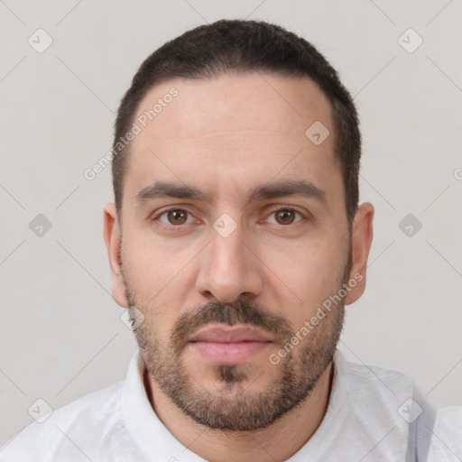 Joyful white young-adult male with short  brown hair and brown eyes