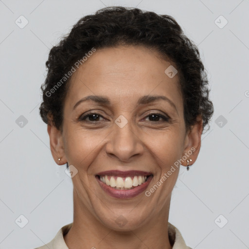 Joyful white adult female with short  brown hair and brown eyes