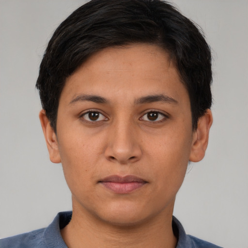Neutral latino young-adult female with short  brown hair and brown eyes