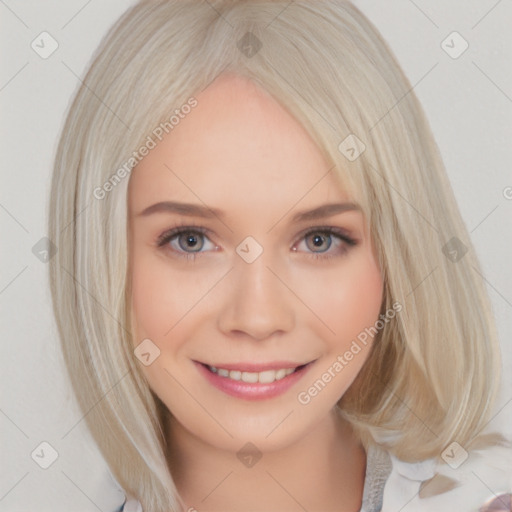 Joyful white young-adult female with medium  blond hair and blue eyes