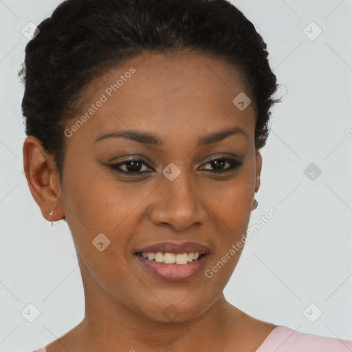 Joyful black young-adult female with short  brown hair and brown eyes