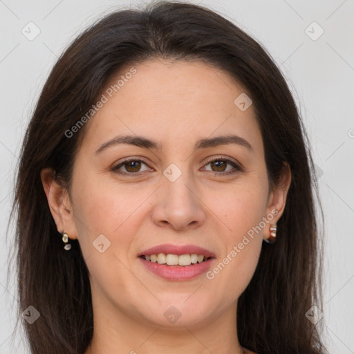 Joyful white young-adult female with long  brown hair and brown eyes