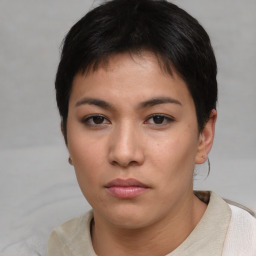 Neutral asian young-adult female with short  brown hair and brown eyes