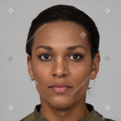 Neutral black young-adult female with short  black hair and brown eyes