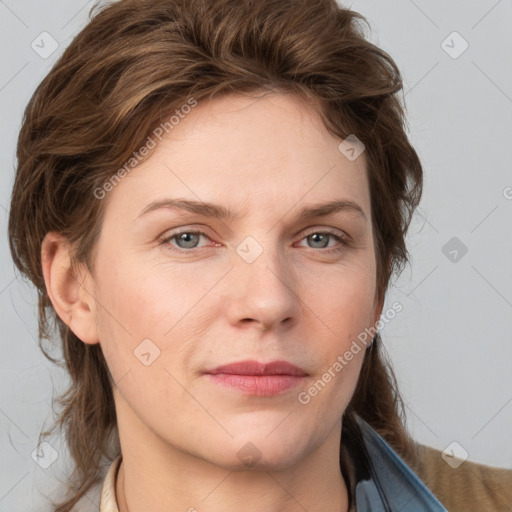 Neutral white young-adult female with medium  brown hair and grey eyes