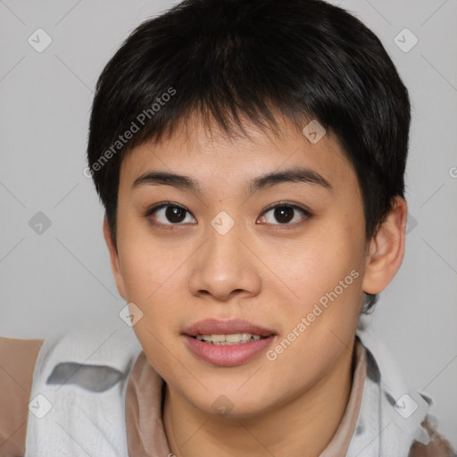 Joyful asian young-adult female with short  brown hair and brown eyes