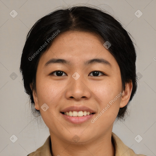 Joyful asian young-adult female with medium  black hair and brown eyes