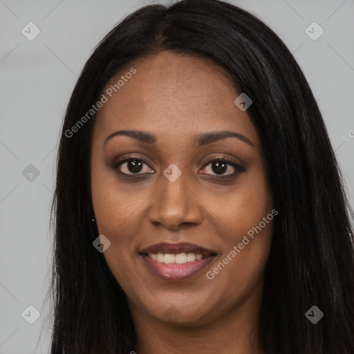 Joyful asian young-adult female with long  brown hair and brown eyes