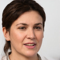 Joyful white adult female with medium  brown hair and grey eyes