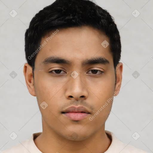 Neutral asian young-adult male with short  black hair and brown eyes