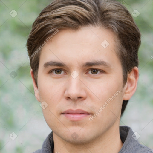 Neutral white young-adult male with short  brown hair and brown eyes