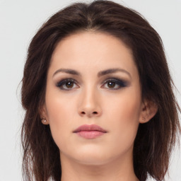 Neutral asian young-adult female with long  brown hair and brown eyes