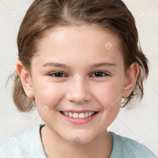 Joyful white child female with medium  brown hair and brown eyes