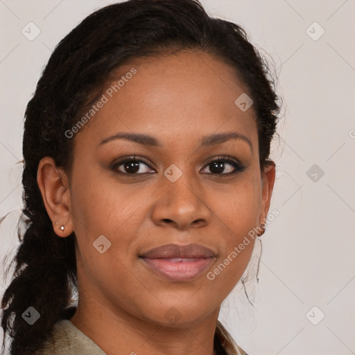 Joyful black young-adult female with medium  brown hair and brown eyes