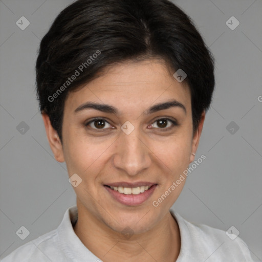 Joyful white young-adult female with short  brown hair and brown eyes