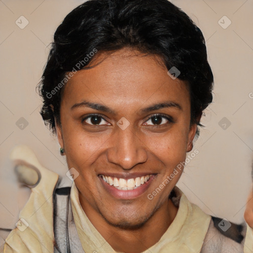 Joyful latino young-adult female with short  brown hair and brown eyes