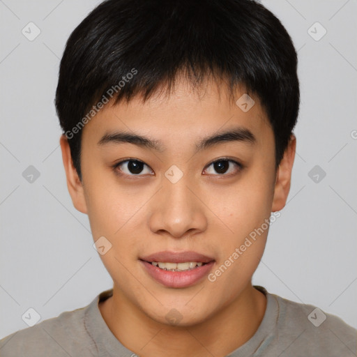 Joyful asian young-adult male with short  brown hair and brown eyes