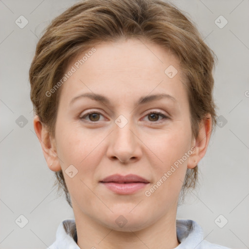 Joyful white young-adult female with medium  brown hair and green eyes