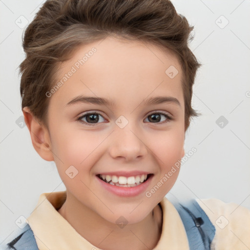 Joyful white child female with short  brown hair and brown eyes