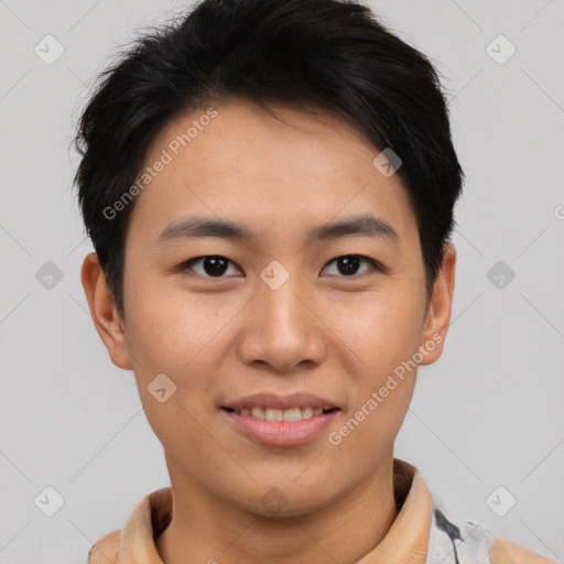 Joyful asian young-adult male with short  brown hair and brown eyes